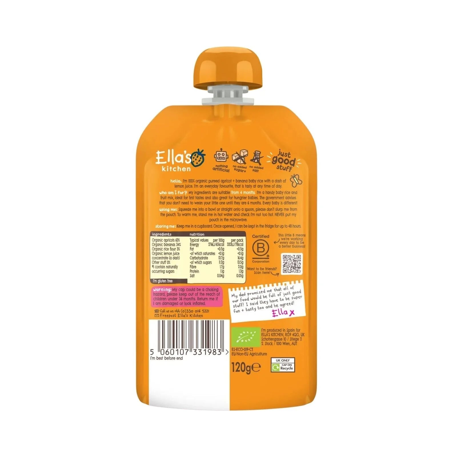Ella's Kitchen Organic Apricot & Banana Baby Rice Baby Food Pouch 4+ months 120g - ebebek - Black Friday