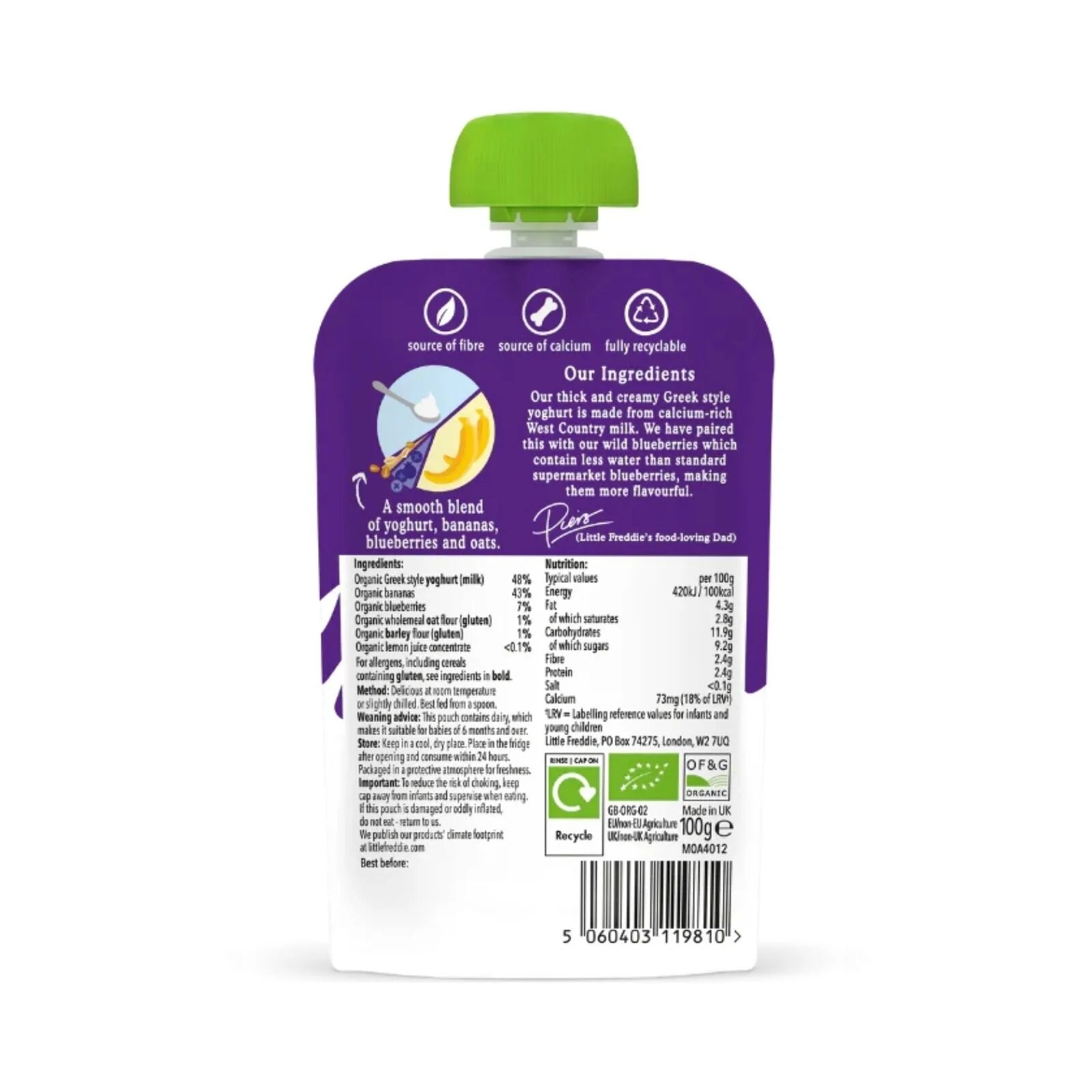 Little Freddie Organic Blueberry & Banana Yoghurt Baby Food Pouch Multipack 6+ months 600g (6x100g) - ebebek - Black Friday