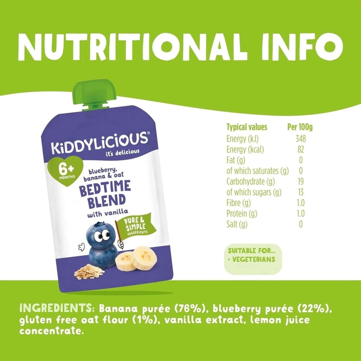 Kiddylicious Pouches Bedtime Blend Blueberry Oat 6+ months 100g - ebebek