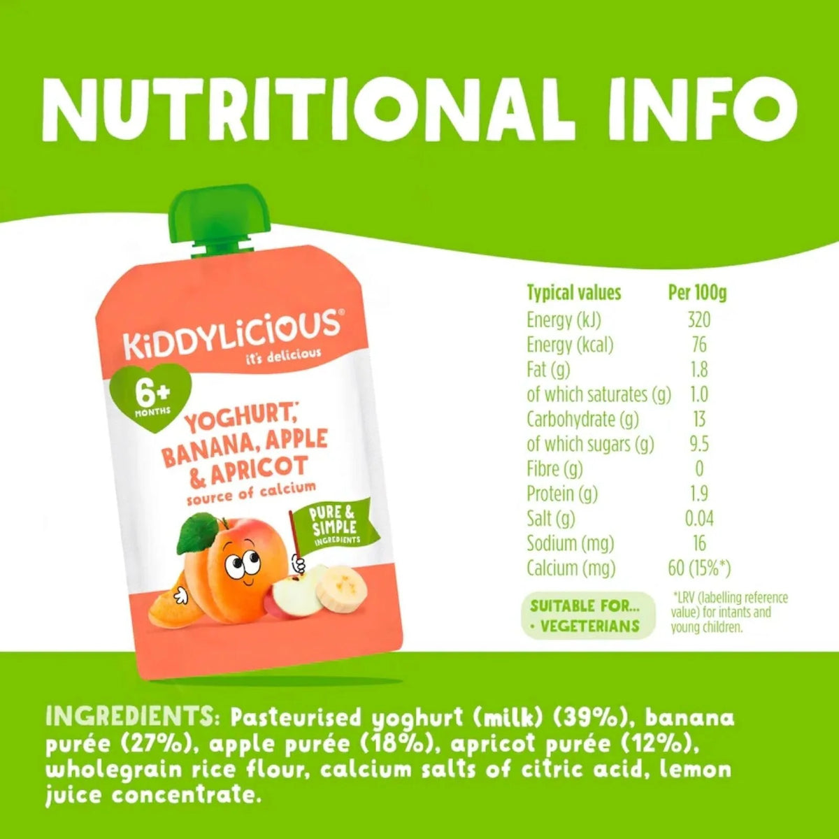 Kiddylicious Pouches Yogurt, Banana, Apple & Apricot 6+ months 100g