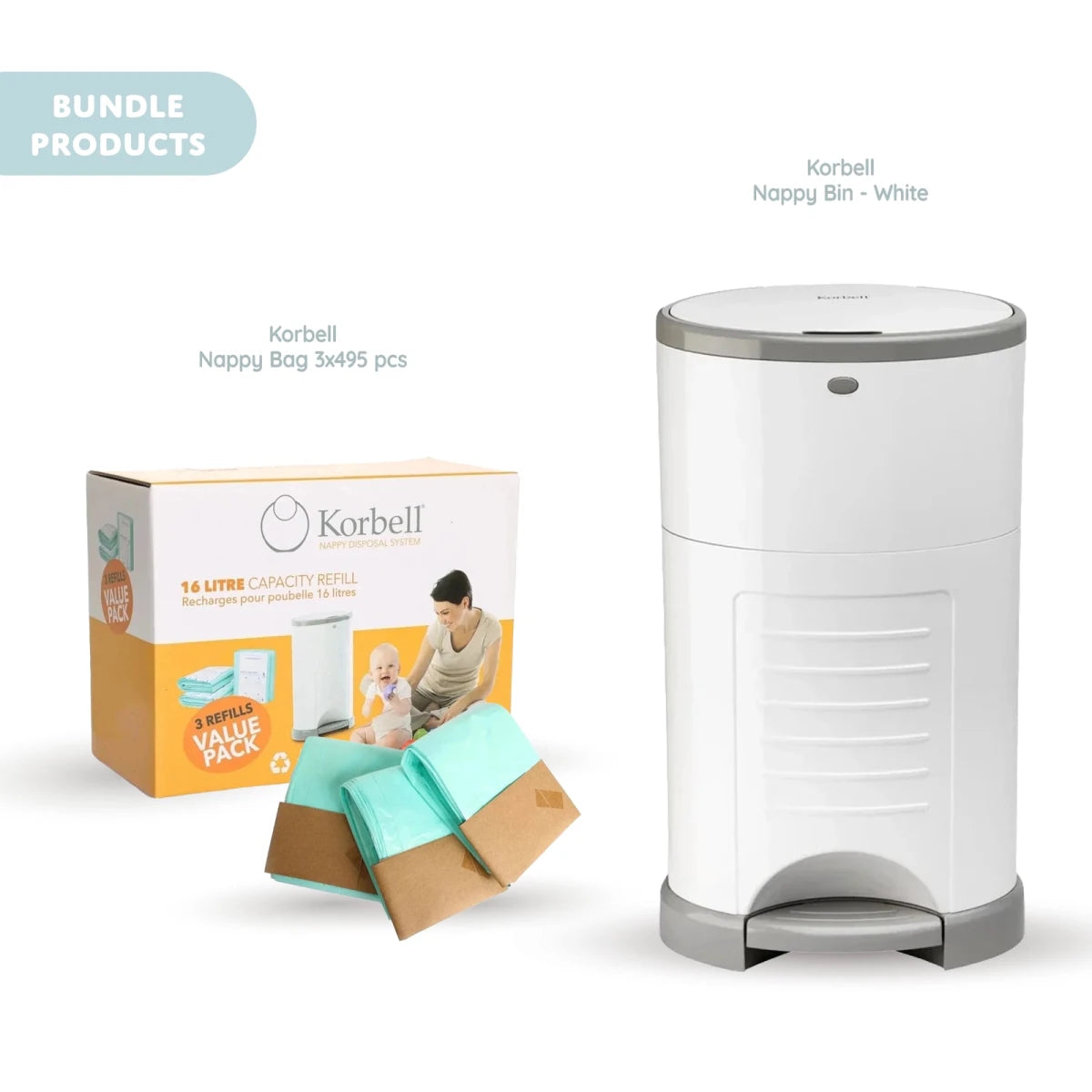 Korbell Nappy Bin 16L & Nappy Bag 3x495 pcs Bundle - ebebek