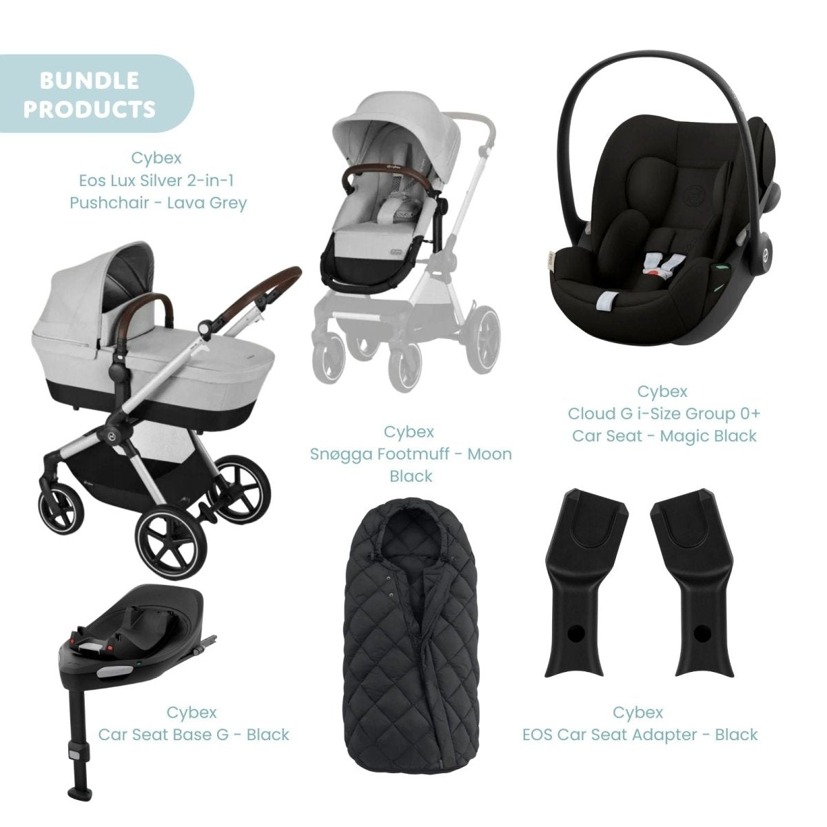 Cybex Eos Lux Silver 2 - in - 1 Pushchair with Cloud G Car Seat & Base & Snøgga Footmuff Travel System Bundle - Lava Grey - ebebek - Christmas
