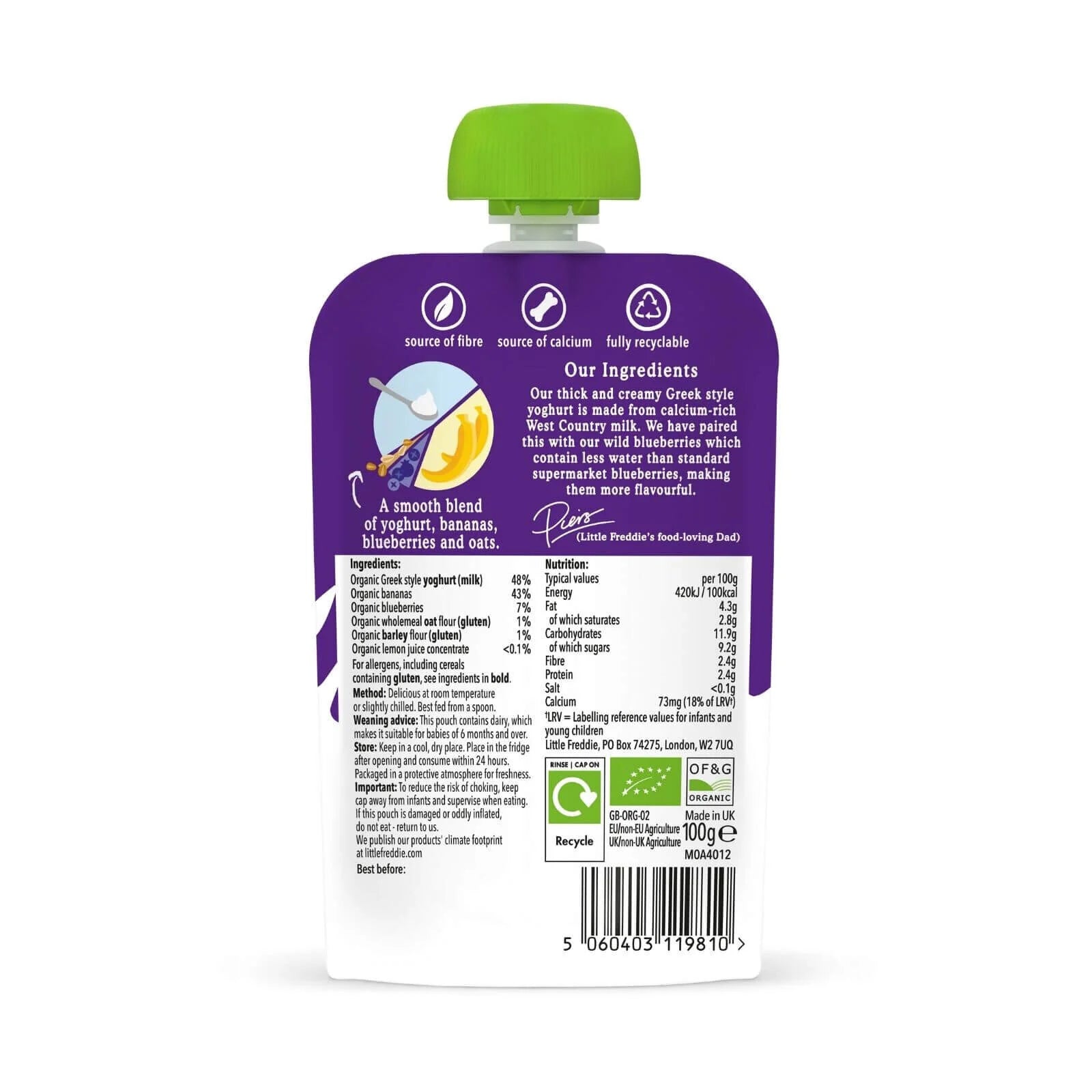 Little Freddie Organic Blueberry & Banana Greek Style Yoghurt Baby Food Pouch 6+ months 100g - ebebek - Black Friday