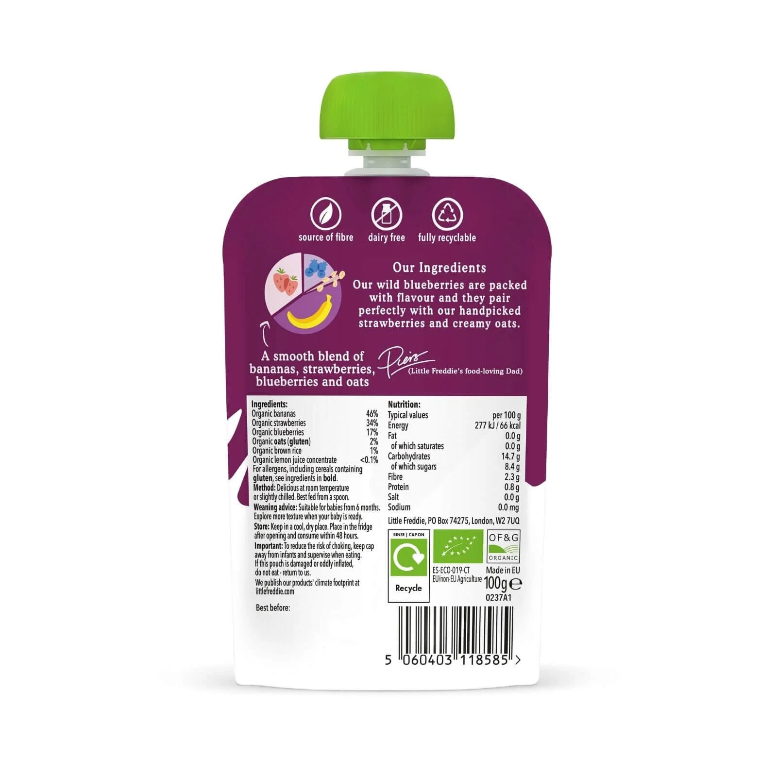 Little Freddie Organic Strawberries Blueberries & Oats Baby Food Pouch 6+ months 100g - ebebek - Black Friday
