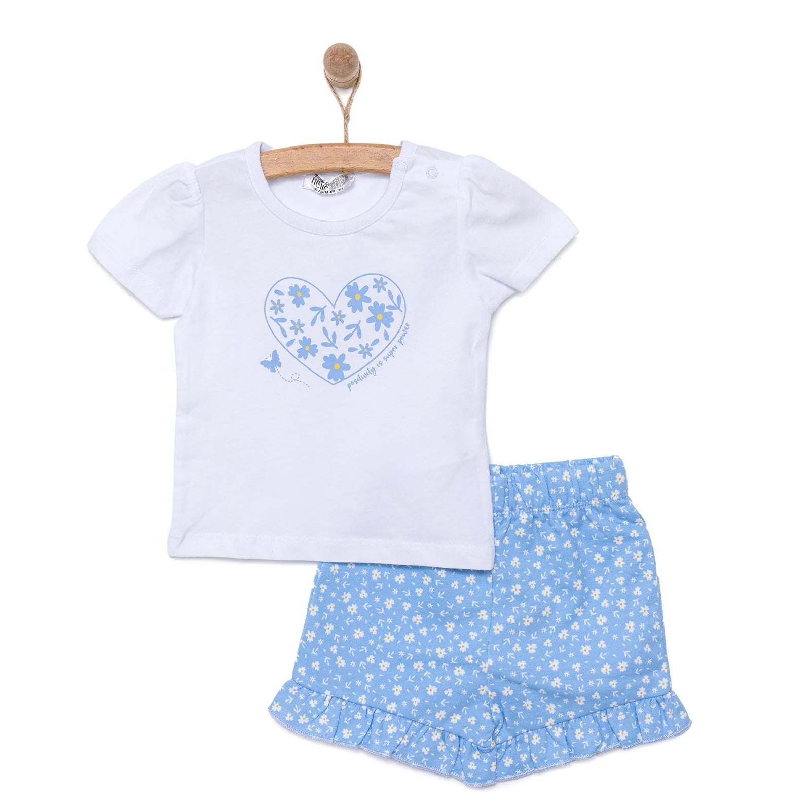 HelloBaby Girl Heart & Flower Patterned Short & T-shirt - Light Blue - ebebek - Black Friday