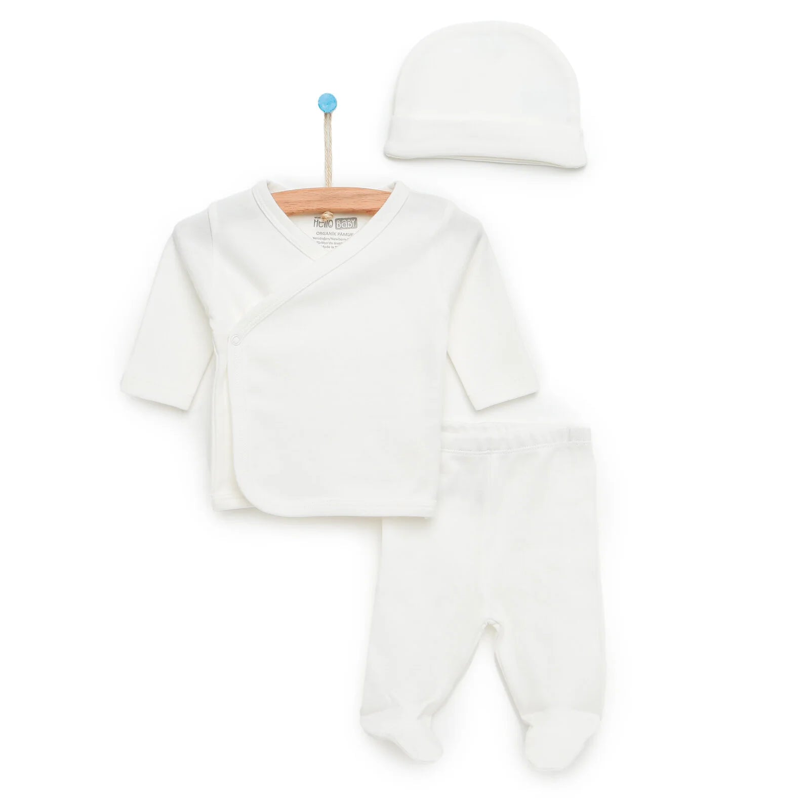 HelloBaby Newborn Organic Wrapover Top - Hat - Footed Pant - Ecru - ebebek - Black Friday