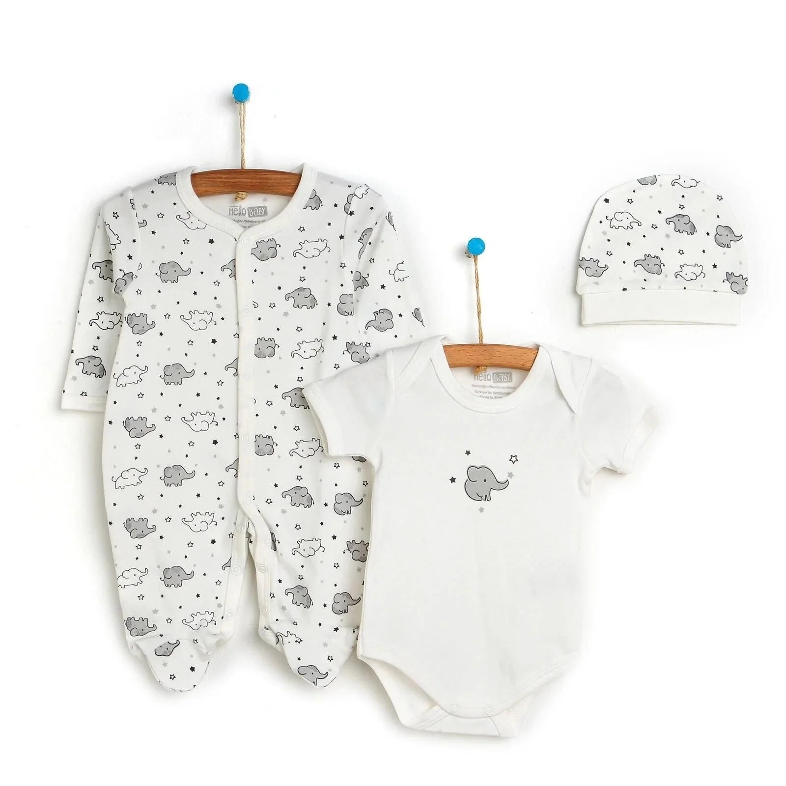 HelloBaby Newborn Baby Cute Elephant Romper Baby and Hat Set 3 pcs - Ecru - ebebek - Black Friday