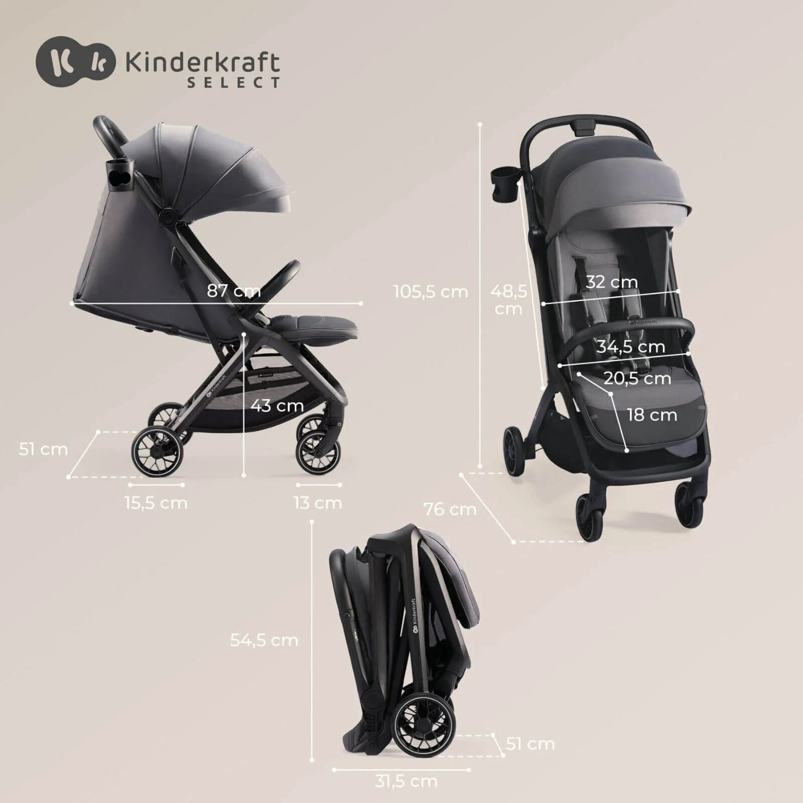 Kinderkraft Nubi 2 Auto - Folding Pushchair - Cloudy Grey - ebebek - Black Friday