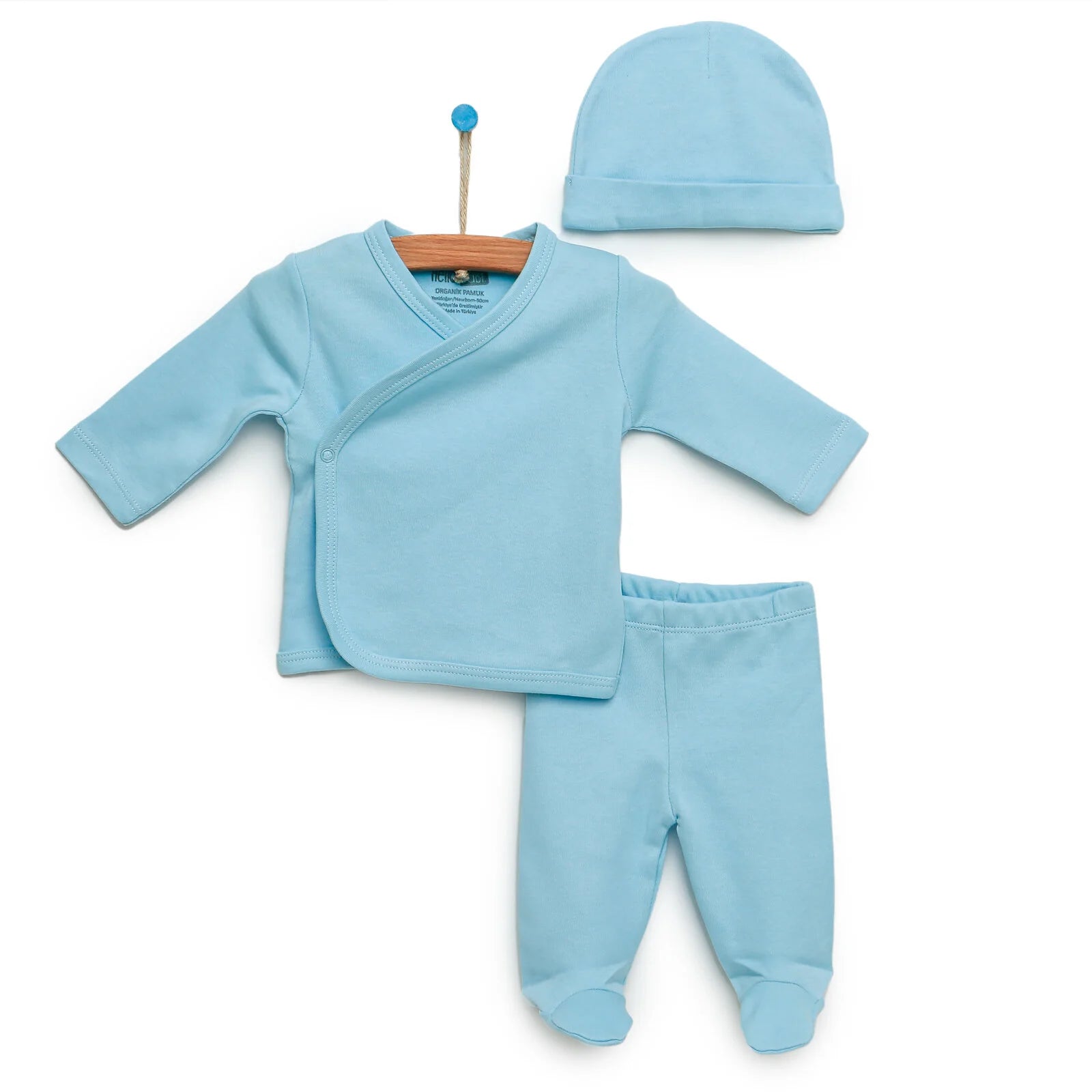 HelloBaby Newborn Organic Wrapover Top - Hat - Footed Pant - Blue - ebebek - Black Friday