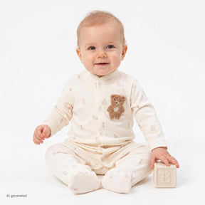 Bebetto Embroidered Animal Print Footed Baby Sleepsuit (Newborn to 6-9 Months) - Ecru Ecru - ebebek