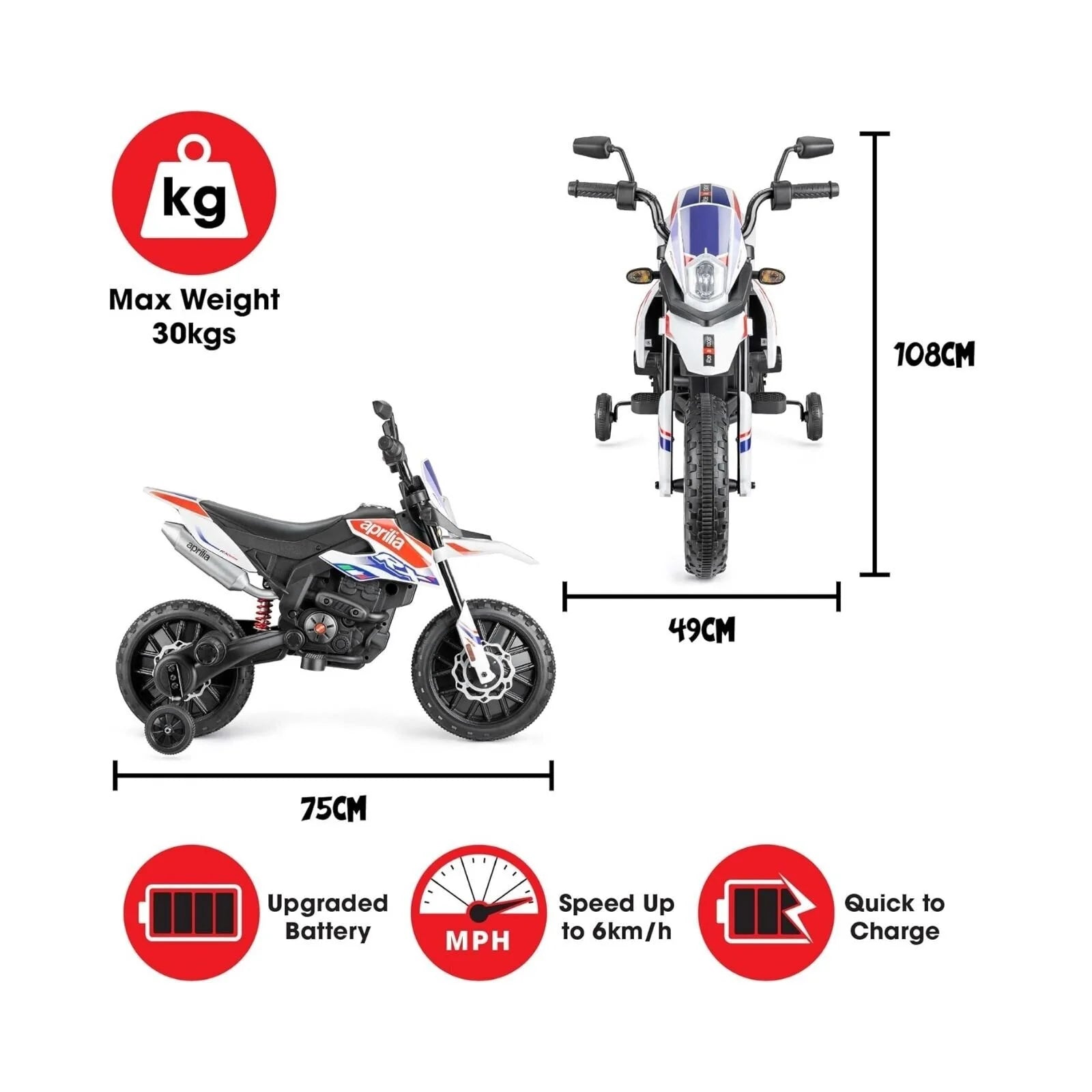 Xootz Aprilia 12V Electric Motorbike Ride On with Lithium Battery - White - ebebek - Black Friday