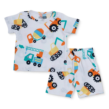 Baby Boy Short Sleeve Pyjamas Set Vehicle Print Snap Fastening Crew Neck Short Sleeve - Ecru Ecru - ebebek