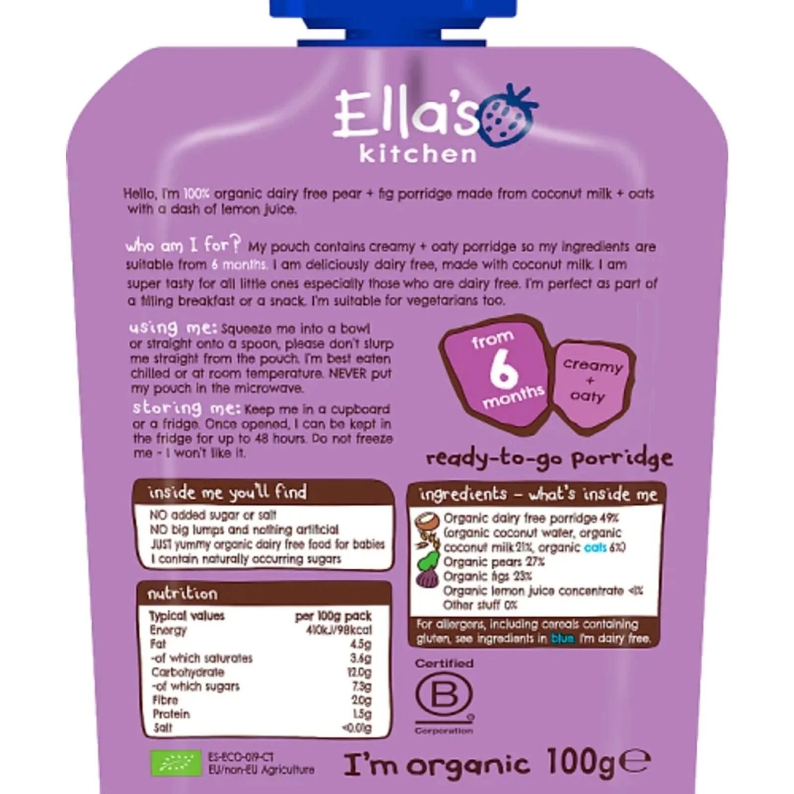 Ella's Kitchen Organic Dairy Free Pear & Fig Porridge Baby Food Pouch 6+ months 100g - ebebek - Black Friday