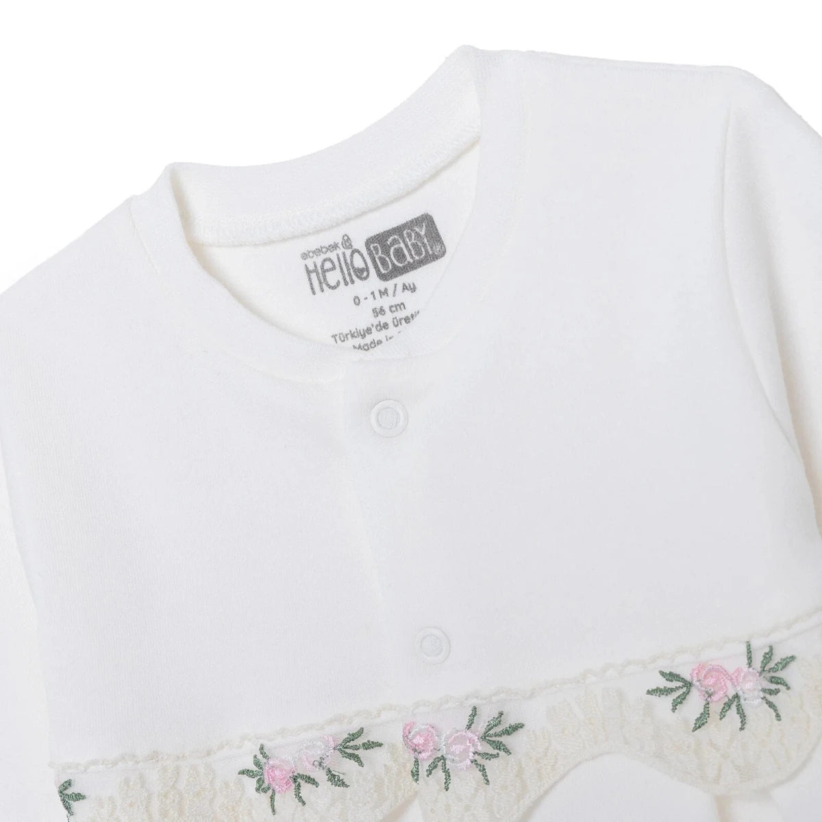 Baby Girl Footed Sleepsuit Floral Print Snap Fastening Crew Neck - White White - ebebek