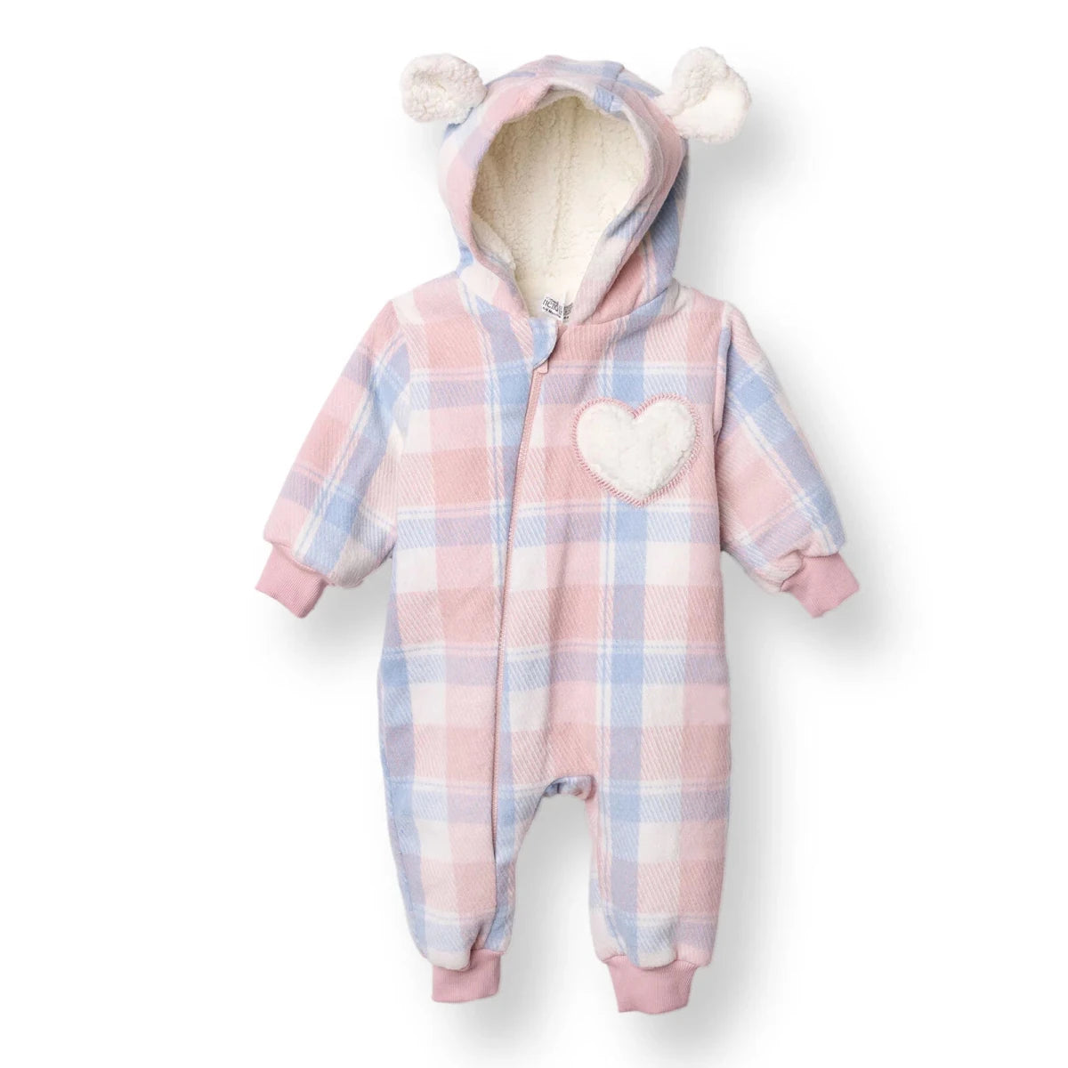 HelloBaby Girls Welsoft Romper Plaid Zip - up Hooded Long Leg Long Sleeve - Pink Printed Pink Printed - ebebek