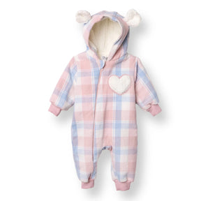 HelloBaby Girls Welsoft Romper Plaid Zip - up Hooded Long Leg Long Sleeve - Pink Printed Pink Printed - ebebek