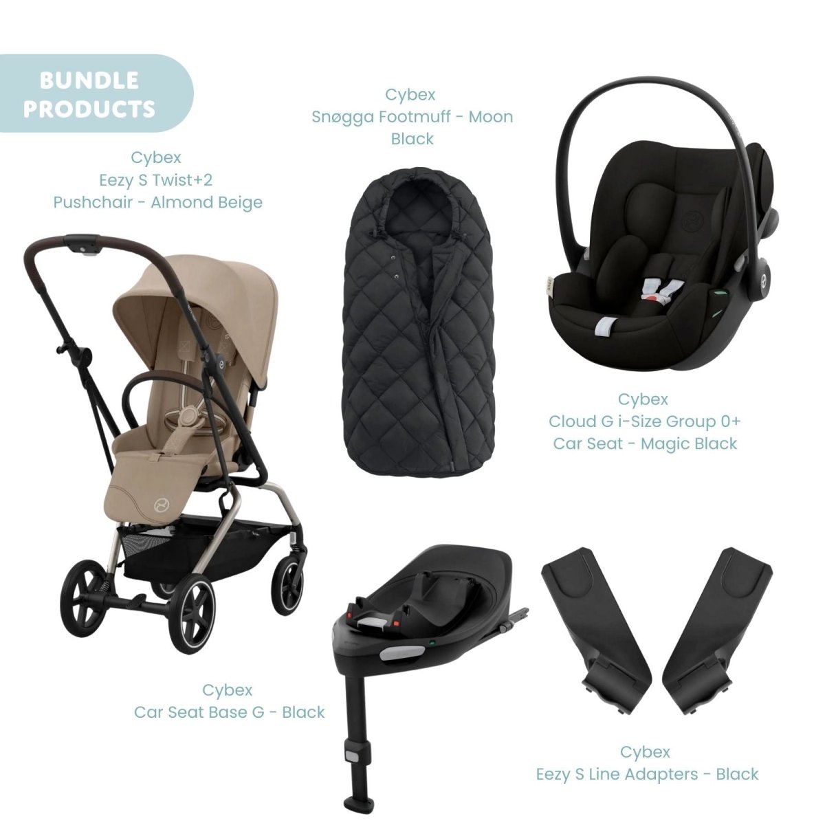 Cybex Eezy S Twist+2 Pushchair with Cloud G Car Seat & Base & Snøgga Footmuff Travel System Bundle - Almond Beige - ebebek - Christmas