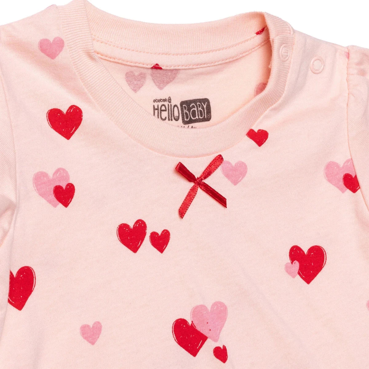 Baby Girl Short Sleeve Pyjamas Set Heart Print Snap Fastening Crew Neck - Pink Pink - ebebek