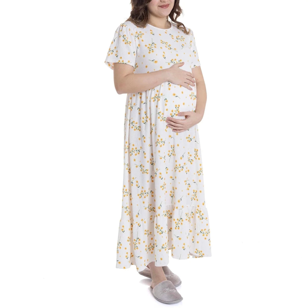 Baby Mom Mother Maternity Dress Daisy Print Crew Neck Full Length Short Sleeve - Ecru Printed Ecru Printed - ebebek
