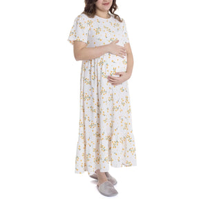 Baby Mom Mother Maternity Dress Daisy Print Crew Neck Full Length Short Sleeve - Ecru Printed Ecru Printed - ebebek