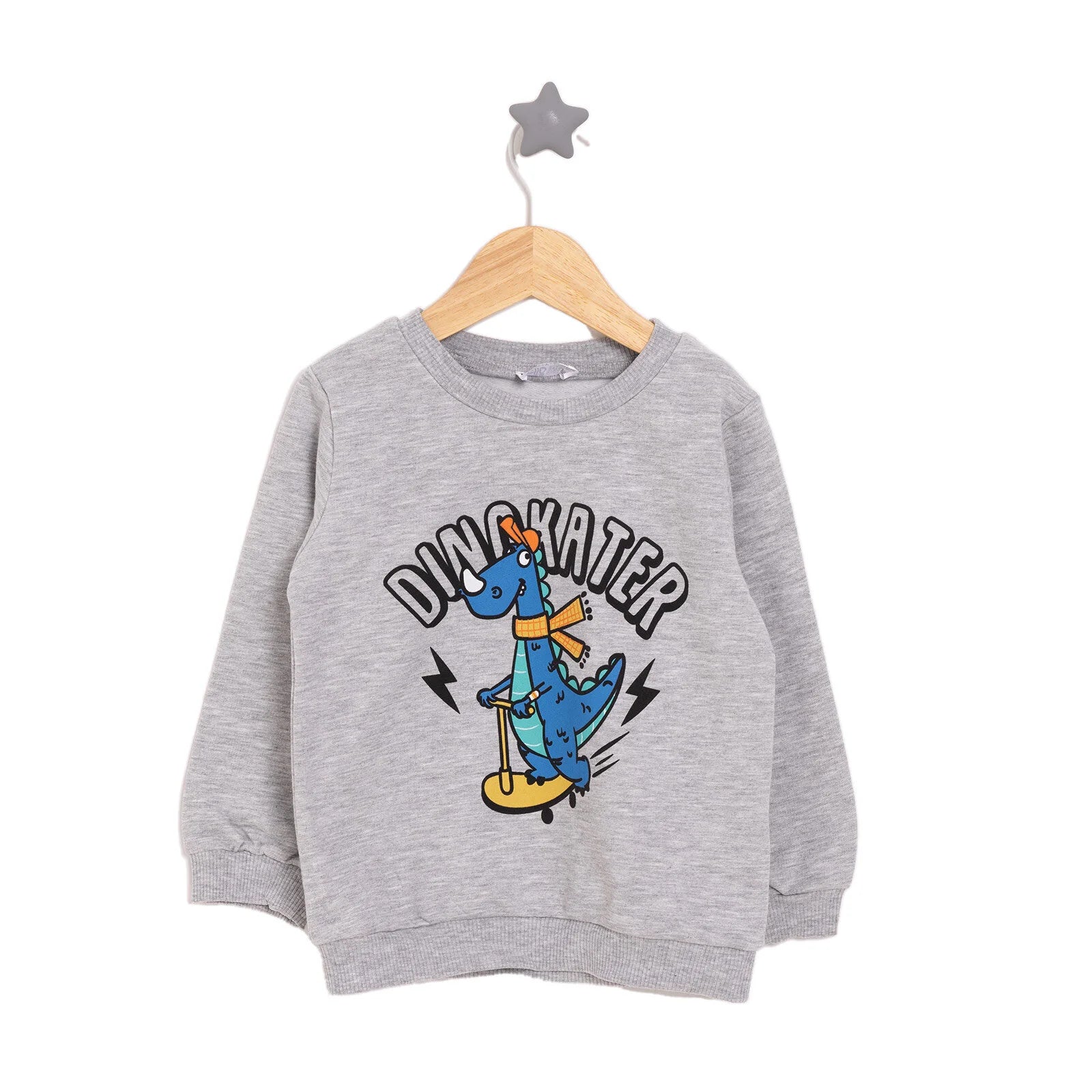 HelloBaby Basic Low Raised Dinokater Printed Sweatshirt - Grey Melange - ebebek - Black Friday