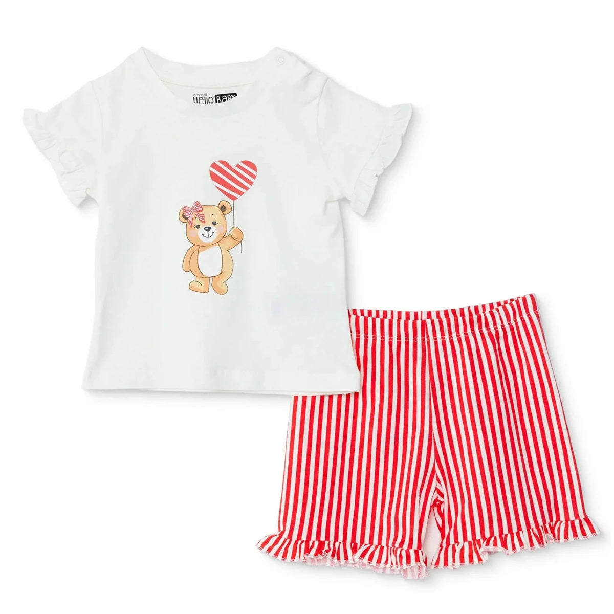 HelloBaby Girls Short Sleeve Pyjamas Set Bear Print Snap Fastening Crew Neck Short Length Short Slee - Ecru Ecru - ebebek