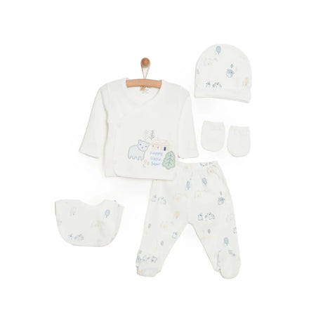 Aziz Bebe 5 Piece Happy Little Bear Print Envelope Neck Baby Hospital Bag Set (Newborn) Ecru - ebebek