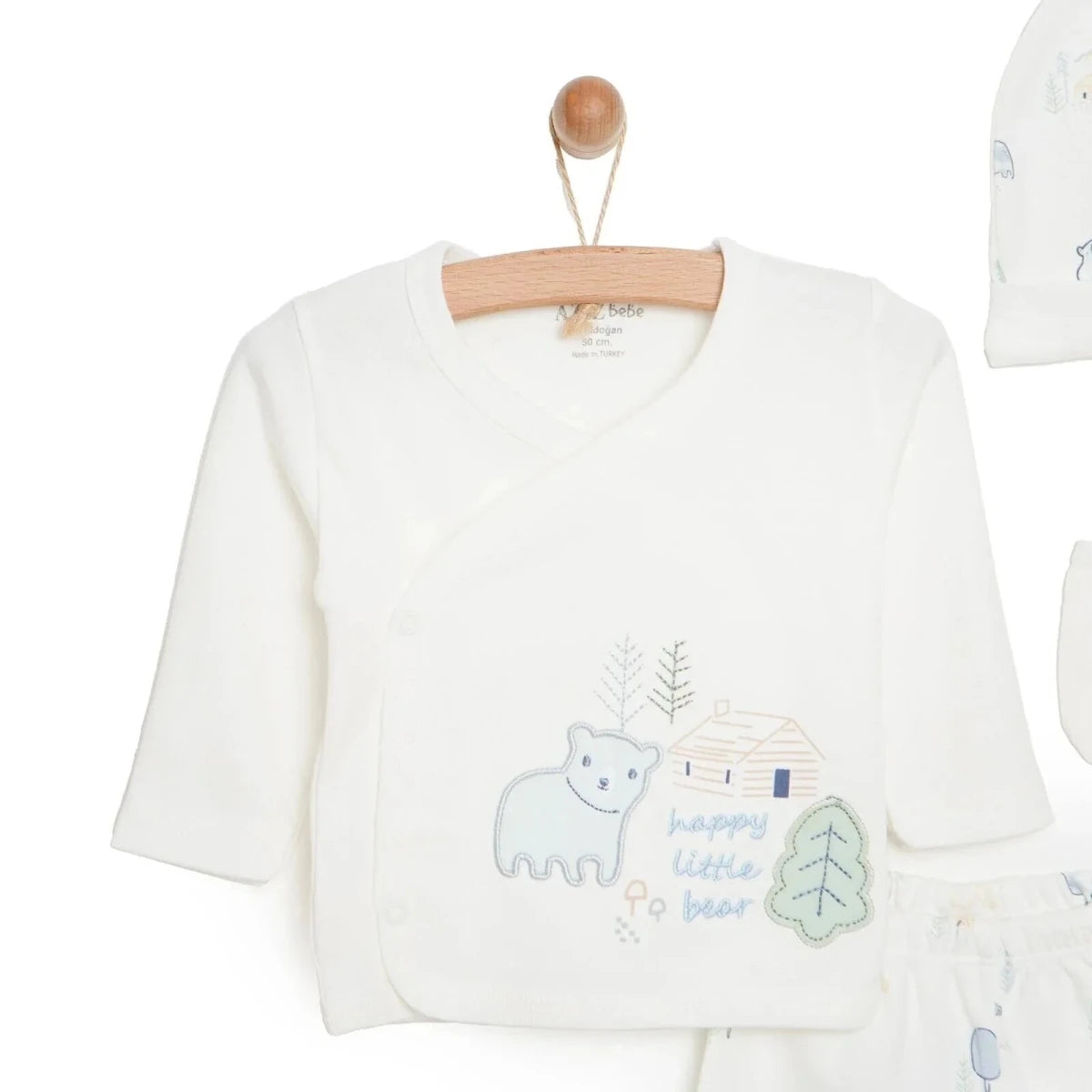 Aziz Bebe 5 Piece Happy Little Bear Print Envelope Neck Baby Hospital Bag Set (Newborn) Ecru - ebebek
