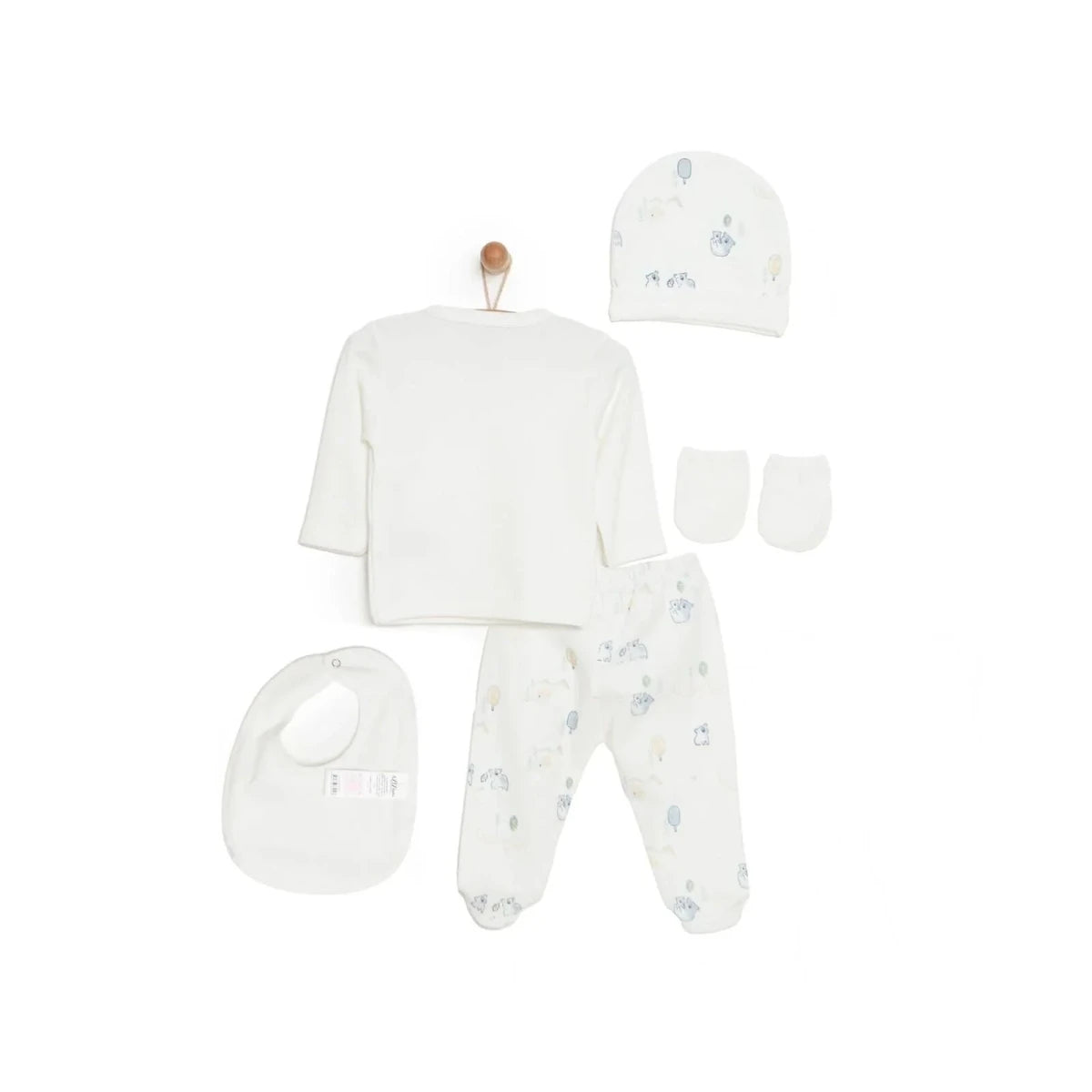 Aziz Bebe 5 Piece Happy Little Bear Print Envelope Neck Baby Hospital Bag Set (Newborn) Ecru - ebebek