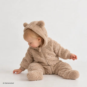 Midimod Hooded Soft Fleece Baby Pramsuit with Feet (3 Months to 12 Months) Light Brown - ebebek