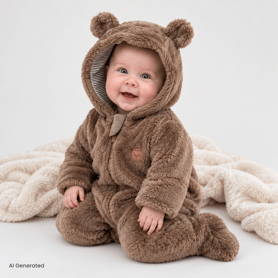 Midimod Hooded Soft Fleece Baby Pramsuit with Feet (3 Months to 12 Months) Brown - ebebek
