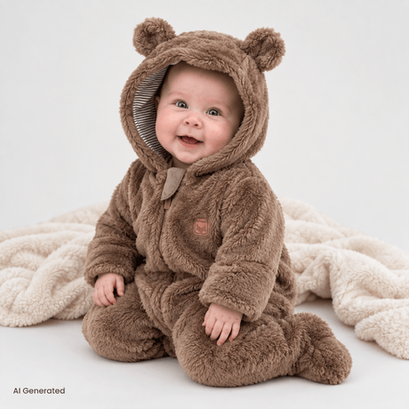 Midimod Hooded Soft Fleece Baby Pramsuit with Feet (3 Months to 12 Months) Brown - ebebek