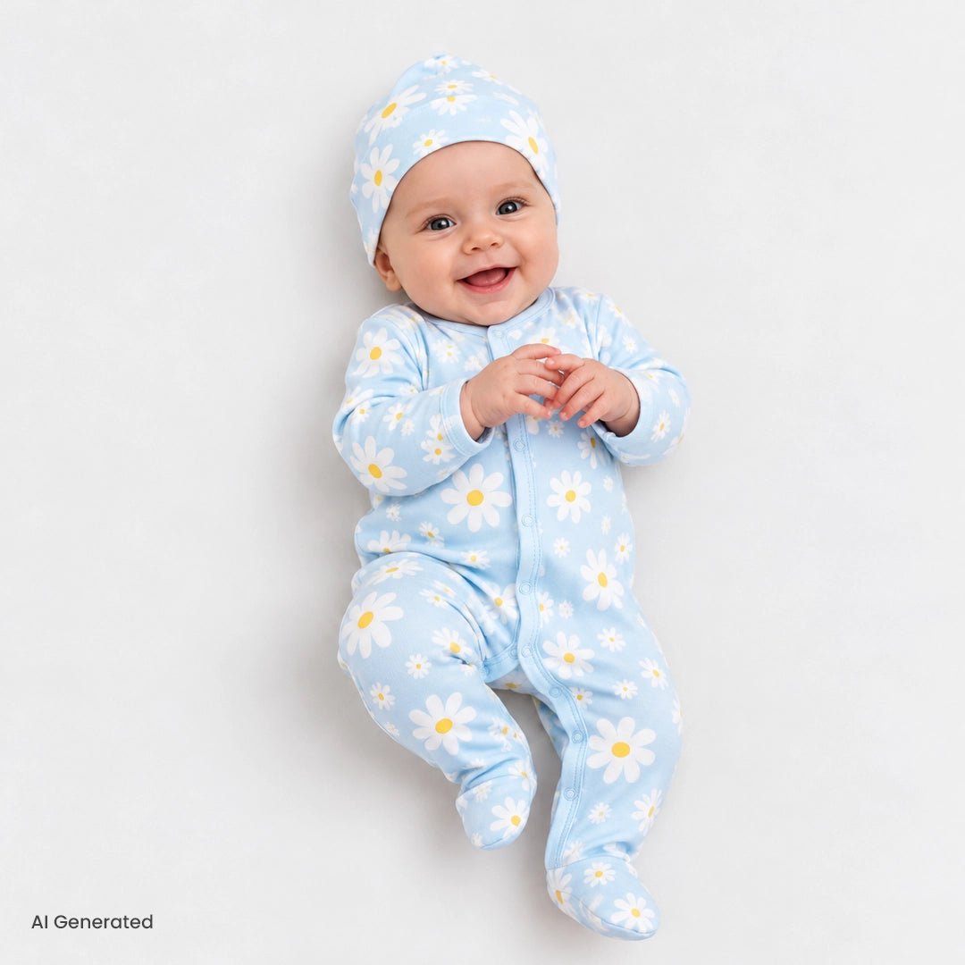 HelloBaby Floral Print Footed Baby Sleepsuit & Hat Set (Newborn to 9 Months) Blue - ebebek