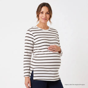 Baby Mom Striped Women's Maternity Long Sleeve T-Shirt (S to 2XL) Brown Printed - ebebek