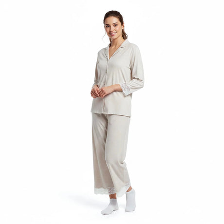 Baby Mom Women's V-Neck Button Front Pyjama Set (S to 2XL) Beige - ebebek