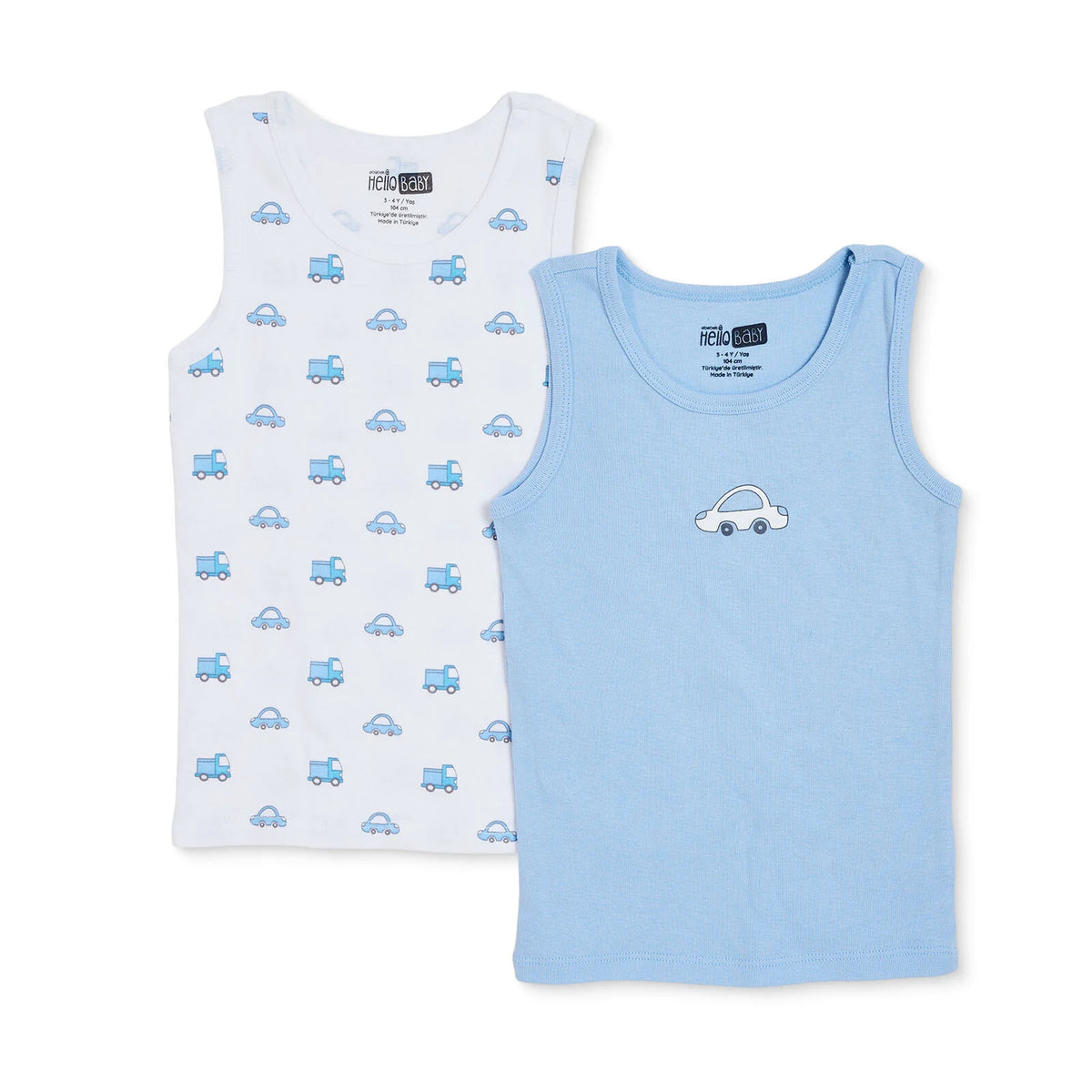 HelloBaby 2 Pack Car Print Ribbed Baby Vests (12 Months to 4-5 Years)