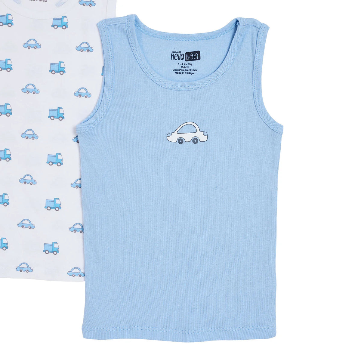 HelloBaby 2 Pack Car Print Ribbed Baby Vests (12 Months to 4-5 Years)