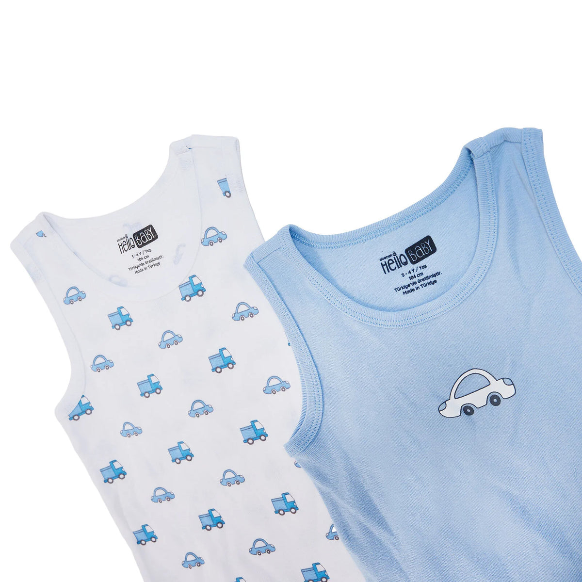 HelloBaby 2 Pack Car Print Ribbed Baby Vests (12 Months to 4-5 Years)