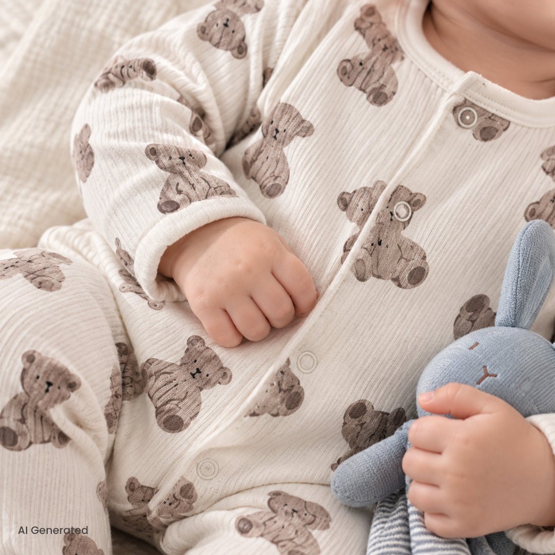 HelloBaby Bear Print Long Sleeve Footed Baby Sleepsuit (Newborn to 6-9 Months) Beige - ebebek