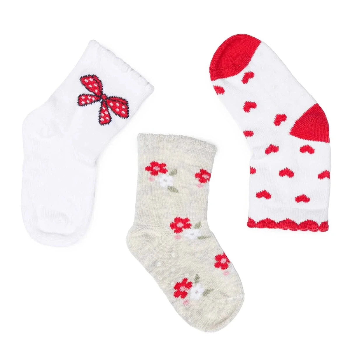 HelloBaby 3 Pack Heart & Floral Print Non-Slip Baby Socks (Newborn to 2-3 Years) Red - ebebek