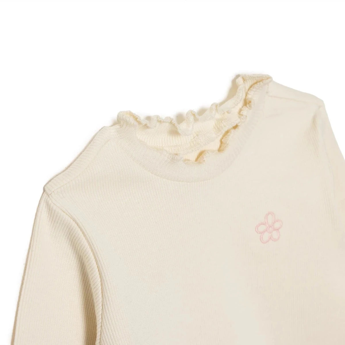 HelloBaby Frill Neck Embroidered Long Sleeve Baby T-Shirt (3-6 Months to 2-3 Years) Ecru - ebebek