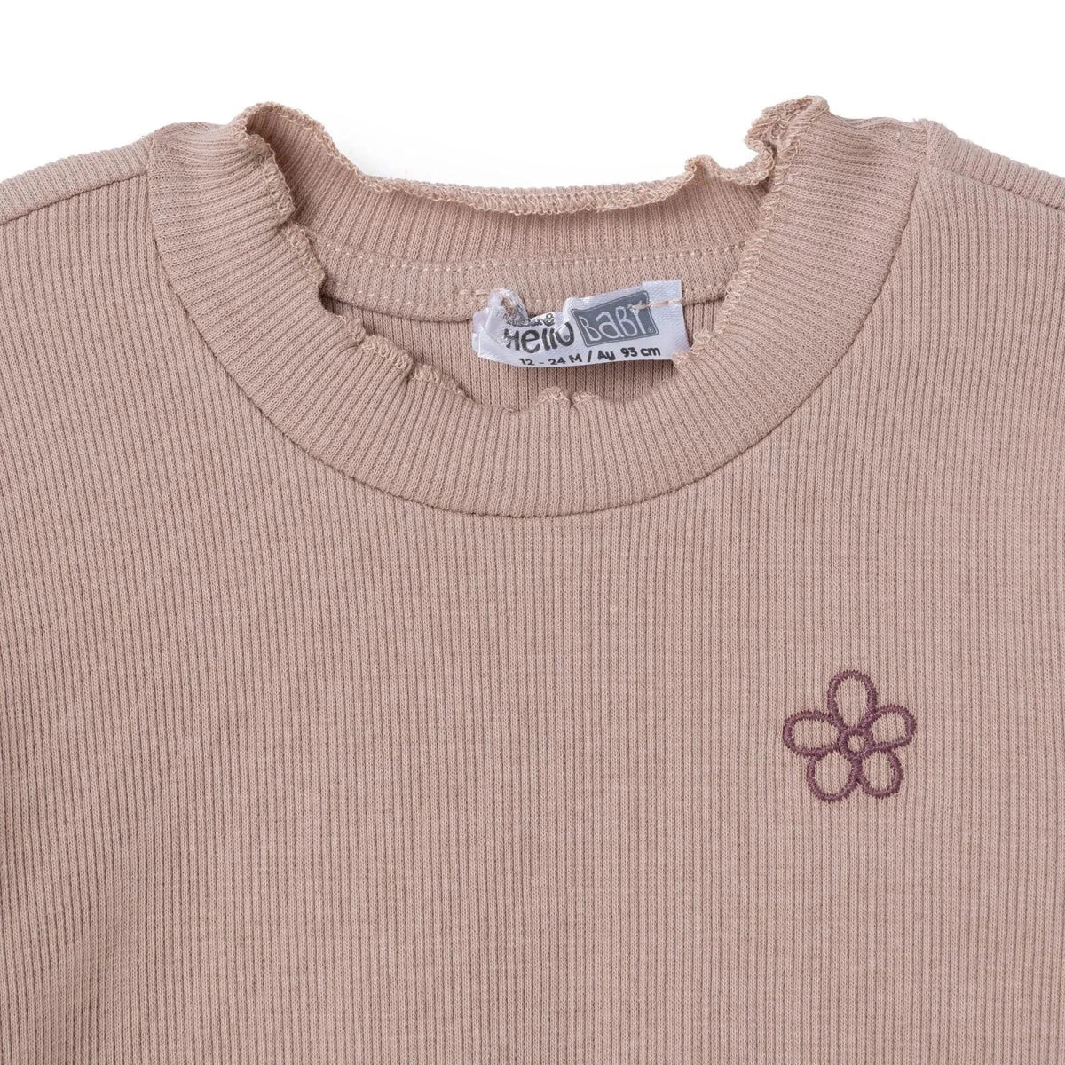 HelloBaby Frill Neck Embroidered Long Sleeve Baby T-Shirt (3-6 Months to 2-3 Years) Brown - ebebek