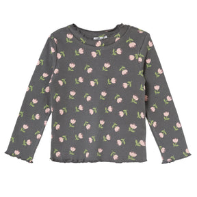 HelloBaby Frill Neck Floral Print Long Sleeve Baby T-Shirt (3-6 Months to 2-3 Years) Grey Printed - ebebek
