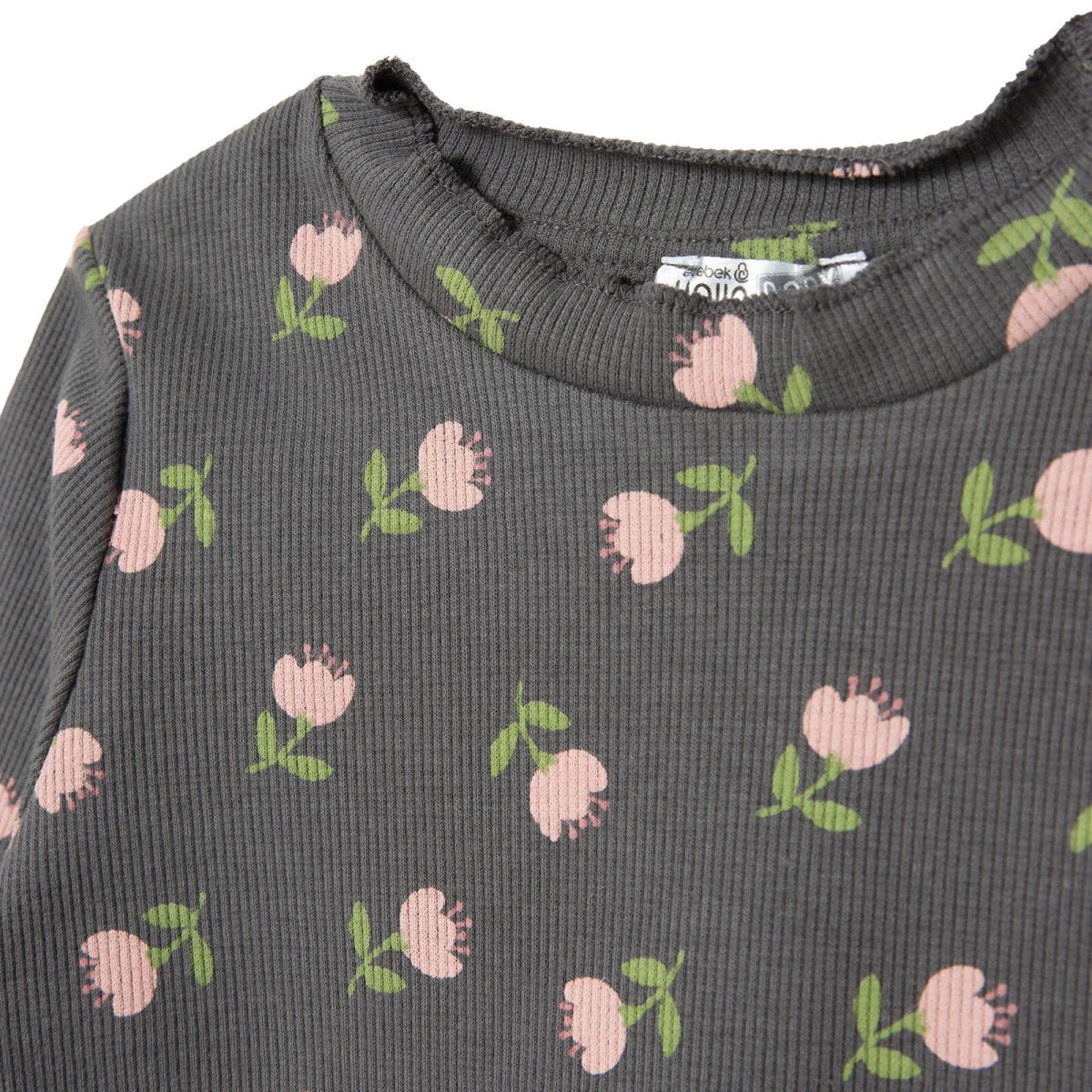 HelloBaby Frill Neck Floral Print Long Sleeve Baby T-Shirt (3-6 Months to 2-3 Years) Grey Printed - ebebek