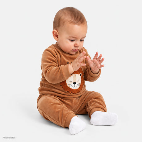 HelloBaby Animal Print Snap Fastening Velour Baby Pyjama Set (3-6 Months to 3-4 Years) Beige - ebebek