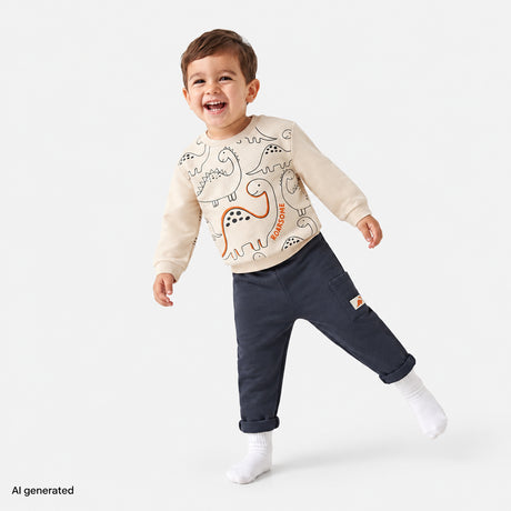HelloBaby Dinosaur Print Jacquard Baby Sweatshirt & Joggers Set (6-9 Months to 4-5 Years) Ecru - ebebek