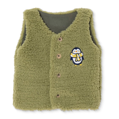 HelloBaby Penguin Print Buttoned Fleece Baby Gilet (1-3 Months to 12 Months) Green Printed - ebebek