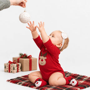 HelloBaby Reindeer Long Sleeve Velour Baby Bodysuit (1-3 Months to 2-3 Years) - Red Red - ebebek