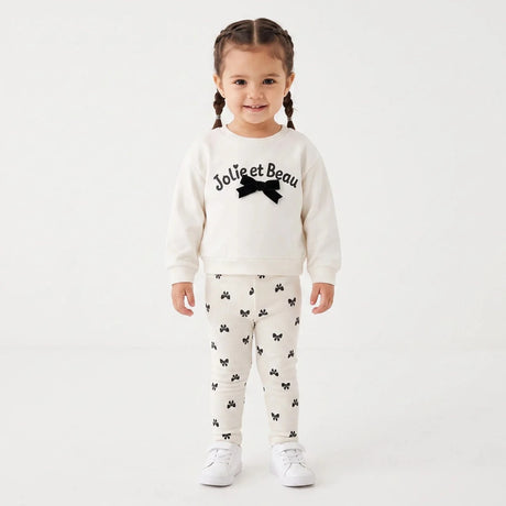HelloBaby Bow Print Baby Sweatshirt & Leggings Set (3-6 Months to 4-5 Years) Ecru Printed - ebebek