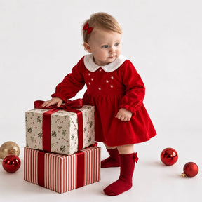 HelloBaby Star Print Long Sleeve Velour Baby Dress (1-3 Months to 12 Months) - Red Red - ebebek